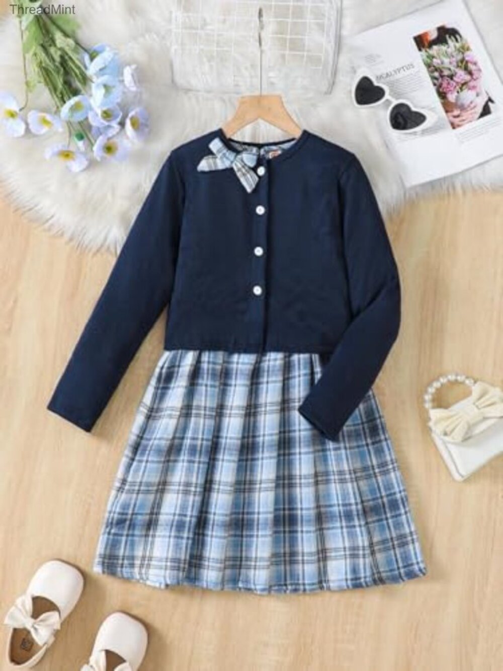 Girls Plaid Dress with Cardigan 3-Piece Outfit Set with Belt - Picture 4 of 6